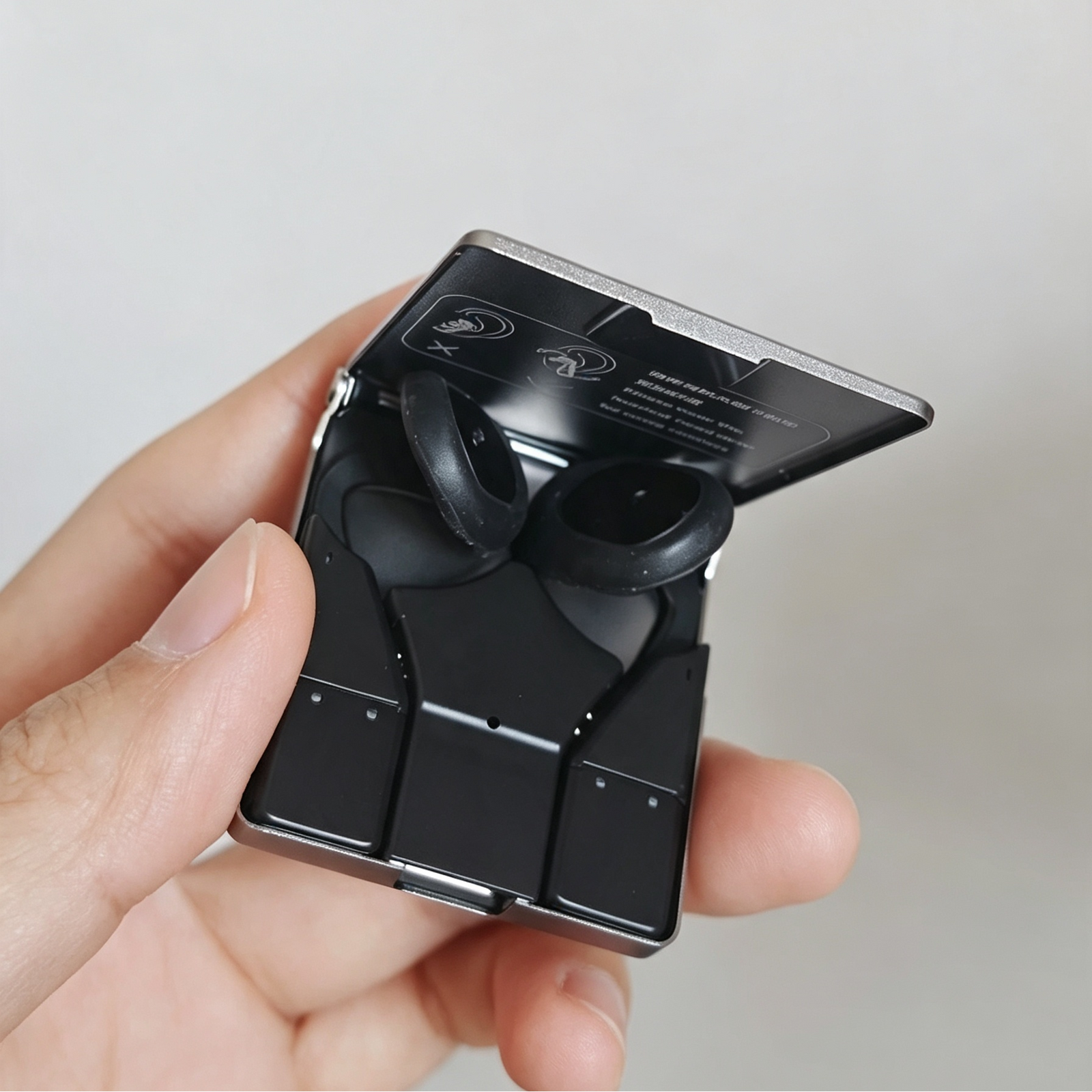 Close-up view of black wireless earbuds